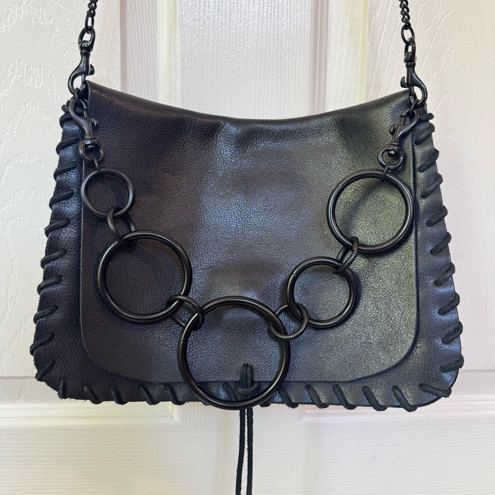 David Galan Wip Stitch Crossbody Ring Clutch Handmade Leather Biker Black